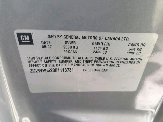 2G2WP552881113731 - 2008 PONTIAC GRAND PRIX SILVER photo 10