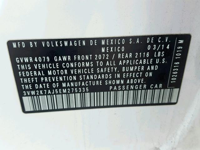 3VW2K7AJ5EM275335 - 2014 VOLKSWAGEN JETTA BASE Սպիտակ լուսանկար 10