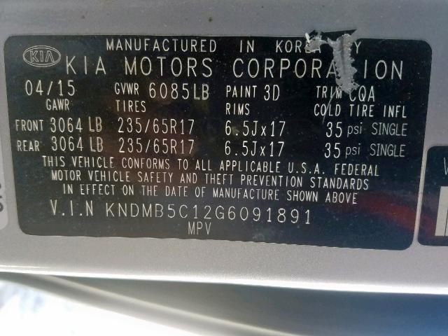 KNDMB5C12G6091891 - 2016 KIA SEDONA LX SILVER photo 10