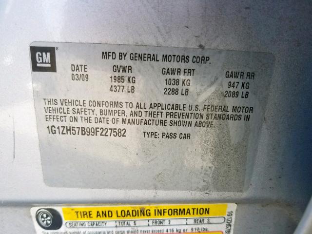 1G1ZH57B99F227582 - 2009 CHEVROLET MALIBU 1LT SILVER photo 10