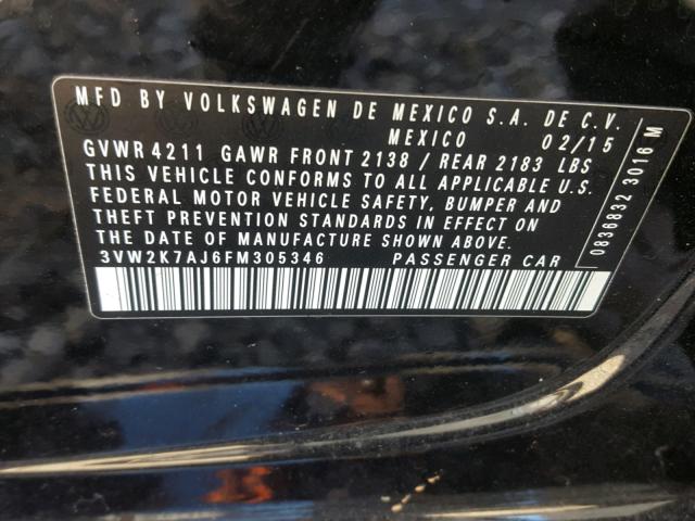 3VW2K7AJ6FM305346 - 2015 VOLKSWAGEN JETTA BASE BLACK photo 10