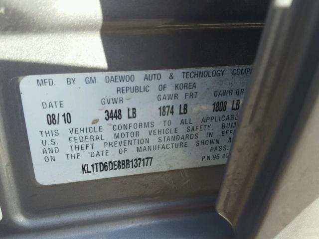 KL1TD6DE8BB137177 - 2011 CHEVROLET AVEO LS GRAY photo 10