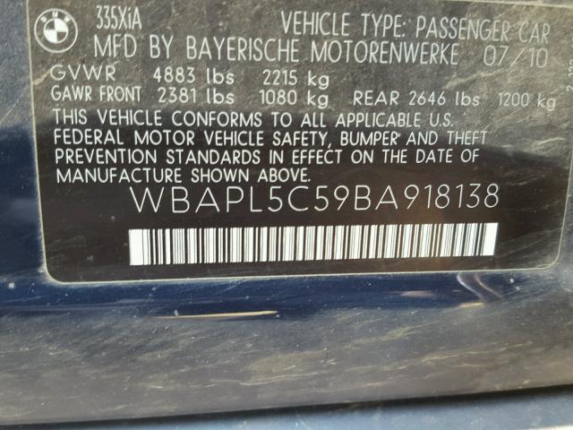 WBAPL5C59BA918138 - 2011 BMW 335 XI BLUE photo 10