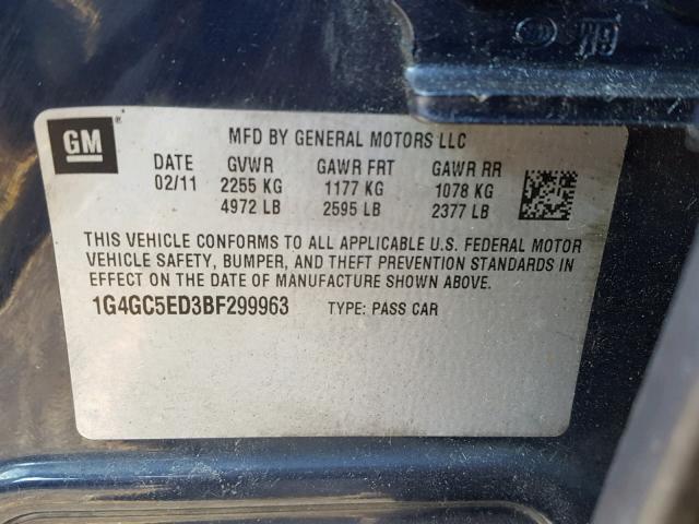 1G4GC5ED3BF299963 - 2011 BUICK LACROSSE C BLUE photo 10