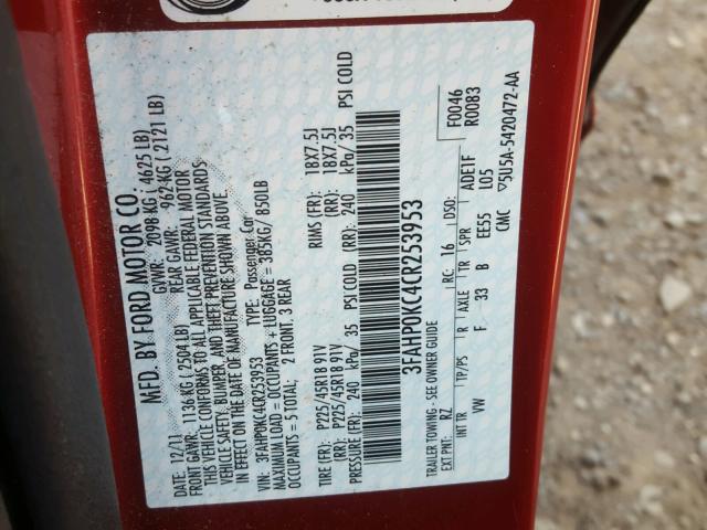 3FAHP0KC4CR253953 - 2012 FORD FUSION SPO RED photo 10