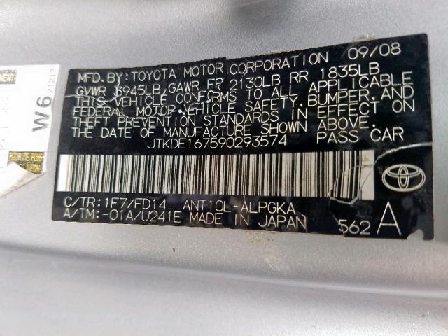 JTKDE167590293574 - 2009 TOYOTA SCION TC ვერცხლისფერი ფოტო 10