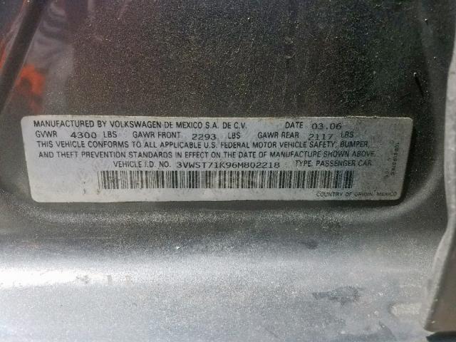 3VWST71K96M802218 - 2006 VOLKSWAGEN JETTA TDI GRAY photo 10