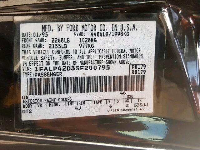 1FALP42D3SF200795 - 1995 FORD MUSTANG CO BLACK photo 10