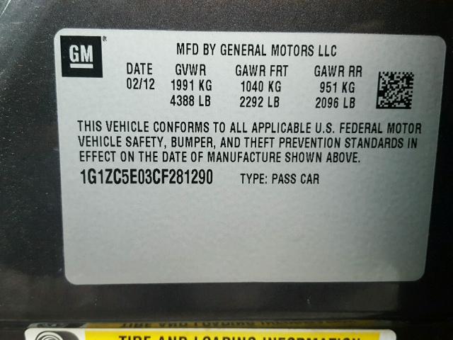 1G1ZC5E03CF281290 - 2012 CHEVROLET MALIBU 1LT GRAY photo 10