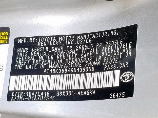 4T1BK36B46U139056 - 2006 TOYOTA AVALON SILVER photo 10