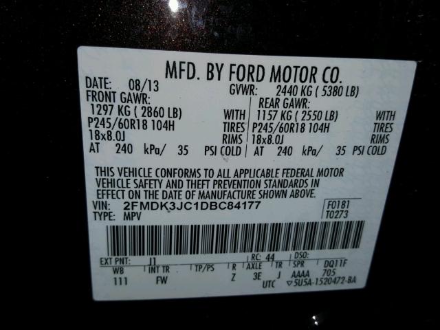 2FMDK3JC1DBC84177 - 2013 FORD EDGE SEL BLACK photo 10