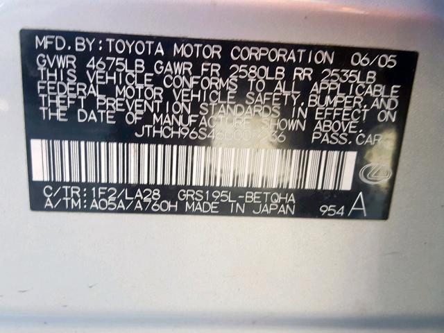 JTHCH96S460007236 - 2006 LEXUS GS 300 SILVER photo 10