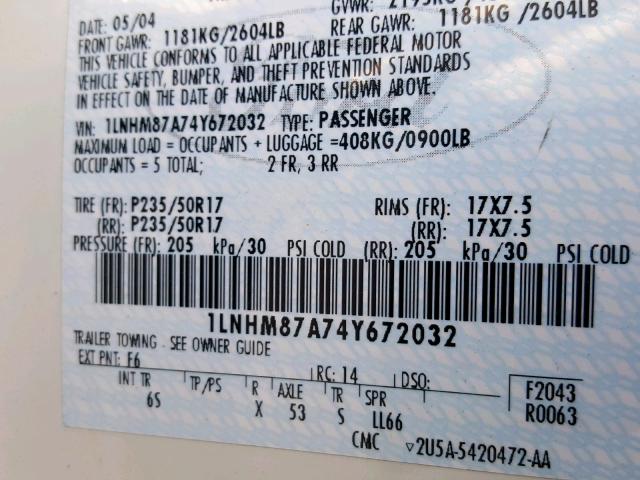 1LNHM87A74Y672032 - 2004 LINCOLN LS 奶油色 照片 10