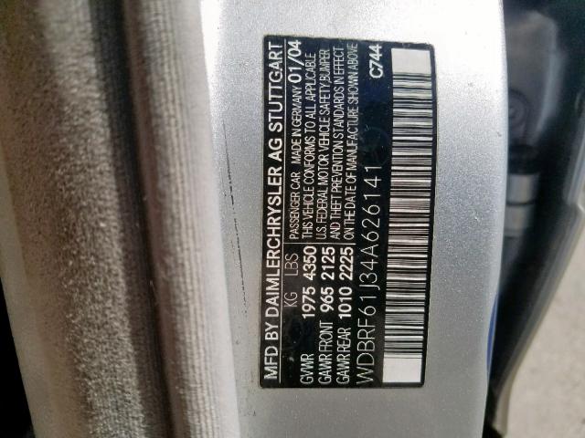 WDBRF61J34A626141 - 2004 MERCEDES-BENZ C 240 SILVER photo 10