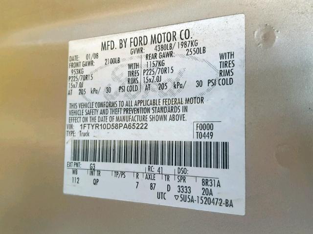 1FTYR10D58PA65222 - 2008 FORD RANGER GOLD photo 10