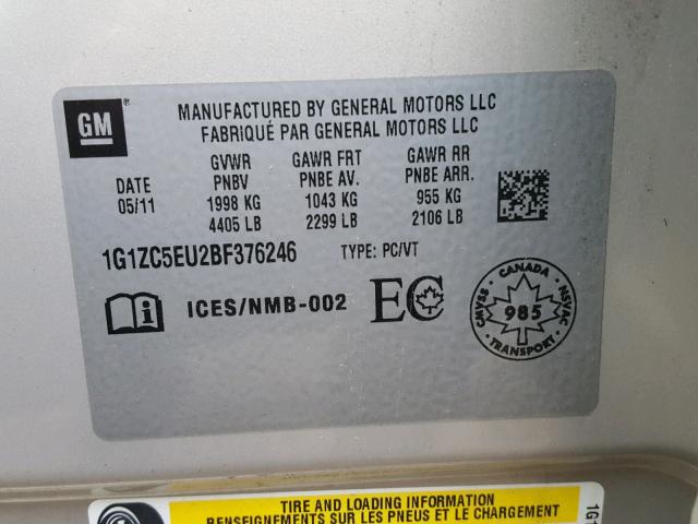 1G1ZC5EU2BF376246 - 2011 CHEVROLET MALIBU 1LT 银色 照片 10