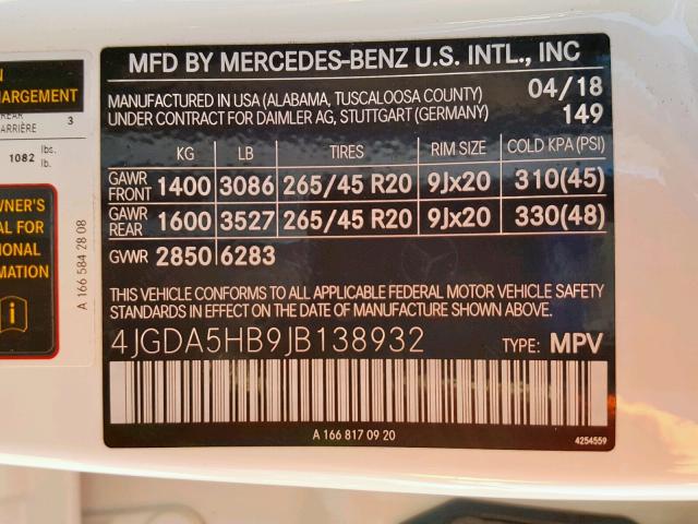 4JGDA5HB9JB138932 - 2018 MERCEDES-BENZ GLE 350 4M WHITE photo 10