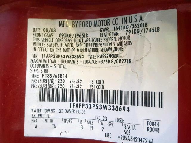 1FAFP33P53W338694 - 2003 FORD FOCUS LX RED photo 10