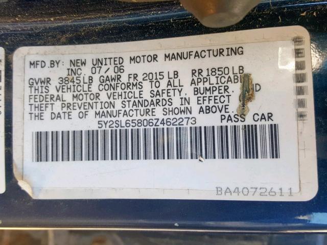 5Y2SL65806Z462273 - 2006 PONTIAC VIBE BLUE photo 10