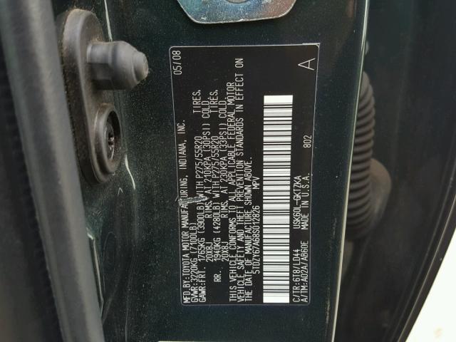 5TDZY67A68S012826 - 2008 TOYOTA SEQUOIA PL GREEN photo 10