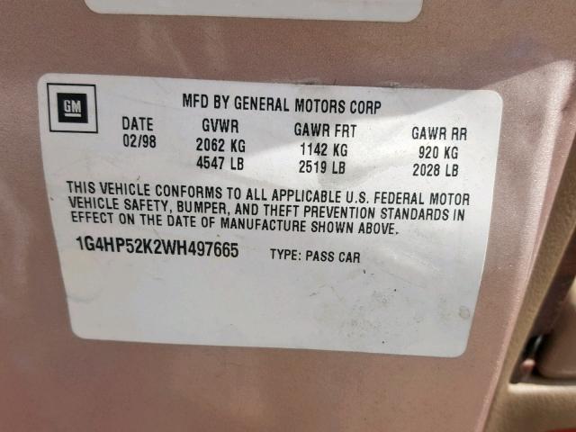 1G4HP52K2WH497665 - 1998 BUICK LESABRE CU BEIGE photo 10