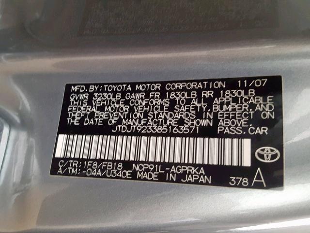 JTDJT923385163571 - 2008 TOYOTA YARIS GRAY photo 10