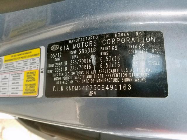 KNDMG4C75C6491163 - 2012 KIA SEDONA LX BLUE photo 10