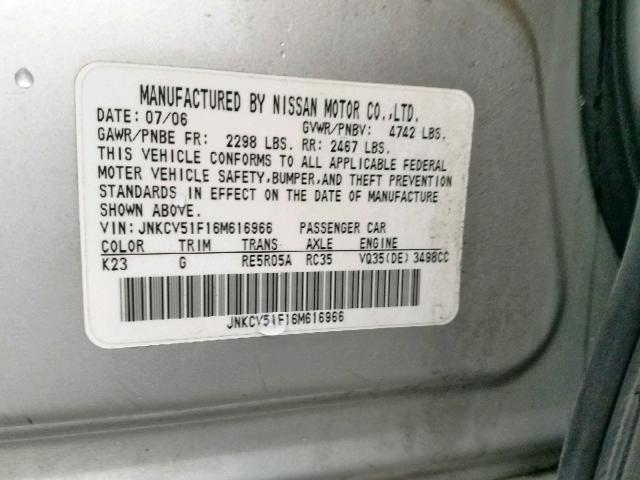 JNKCV51F16M616966 - 2006 INFINITI G35 SILVER photo 10