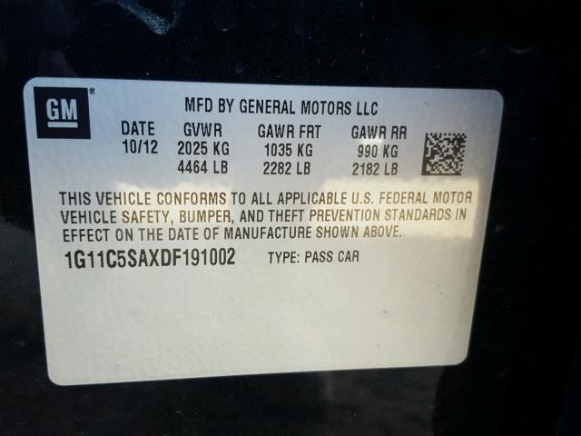 1G11C5SAXDF191002 - 2013 CHEVROLET MALIBU 1LT BLACK photo 10