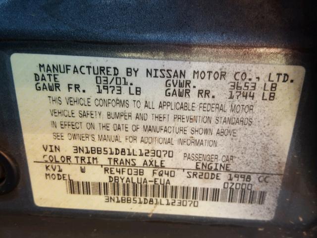 3N1BB51D81L123070 - 2001 NISSAN SENTRA SE GRAY photo 10