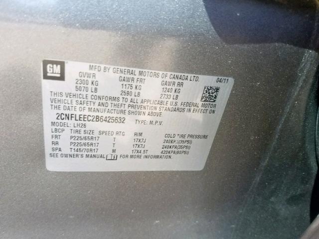 2CNFLEEC2B6425632 - 2011 CHEVROLET EQUINOX LT GOLD photo 10