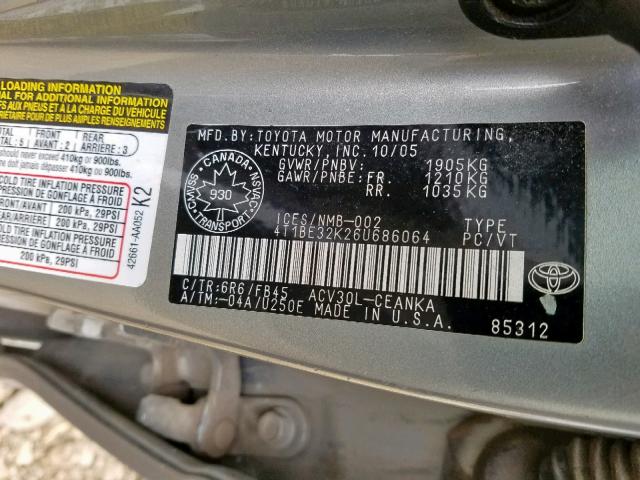 4T1BE32K26U686064 - 2006 TOYOTA CAMRY LE GREEN photo 10