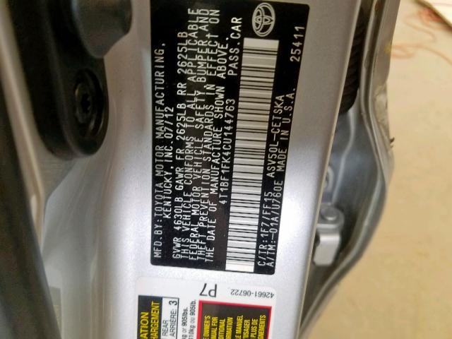 4T1BF1FK4CU144763 - 2012 TOYOTA CAMRY BASE SILVER photo 10