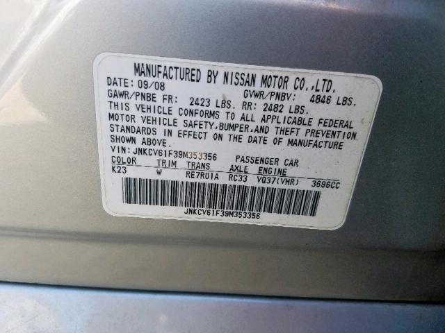 JNKCV61F39M353356 - 2009 INFINITI G37 SILVER photo 10