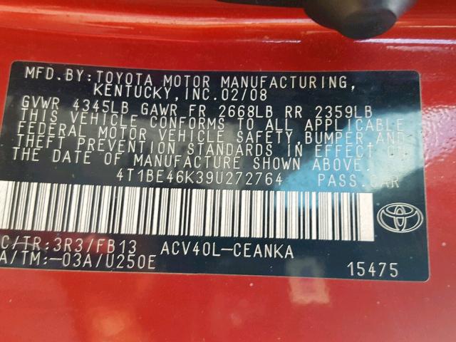 4T1BE46K39U272764 - 2009 TOYOTA CAMRY BASE RED photo 10