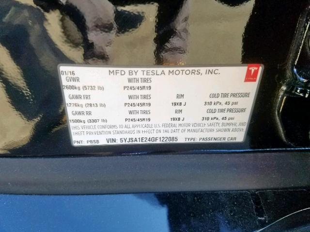 5YJSA1E24GF122085 - 2016 TESLA MODEL S BLACK photo 10