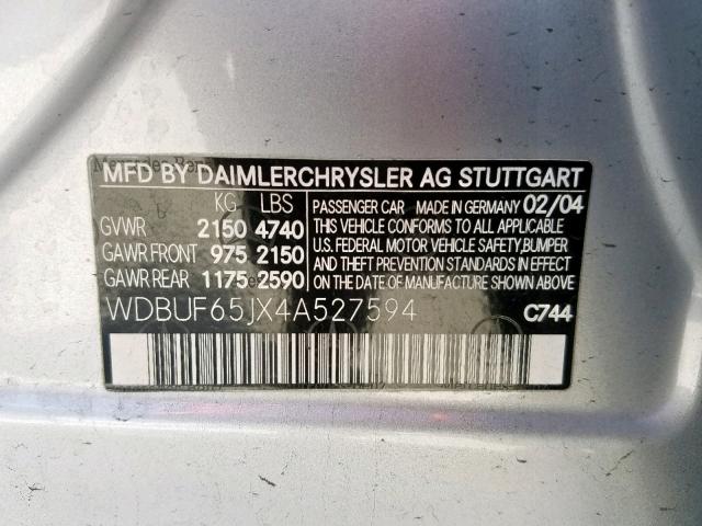 WDBUF65JX4A527594 - 2004 MERCEDES-BENZ E 320 SILVER photo 10