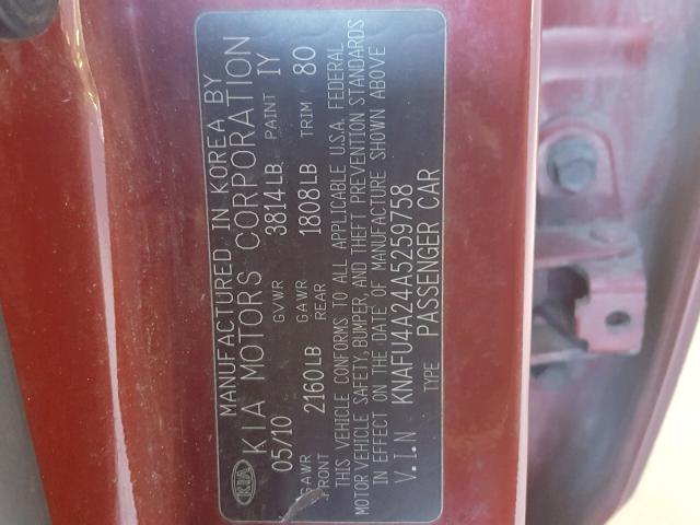 KNAFU4A24A5259758 - 2010 KIA FORTE EX BURGUNDY photo 10