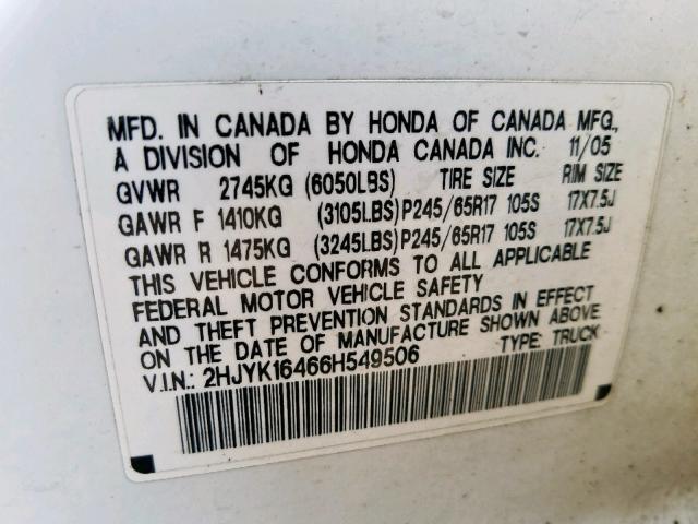 2HJYK16466H549506 - 2006 HONDA RIDGELINE WHITE photo 10