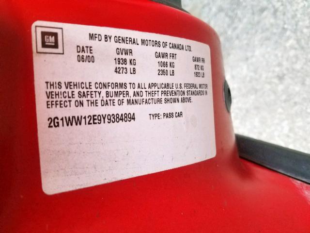 2G1WW12E9Y9384894 - 2000 CHEVROLET MONTE CARL წითელი ფოტო 10