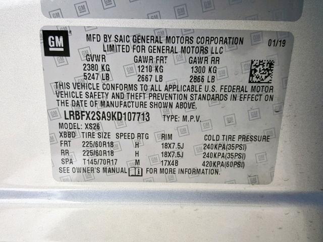 LRBFX2SA9KD107713 - 2019 BUICK ENVISION E SILVER photo 10