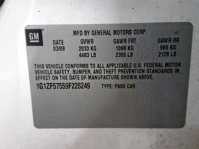 1G1ZF57559F226249 - 2009 CHEVROLET MALIBU HYB WHITE photo 10