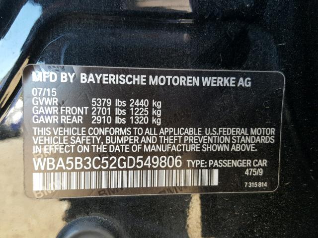 WBA5B3C52GD549806 - 2016 BMW 535 XI BLACK photo 10