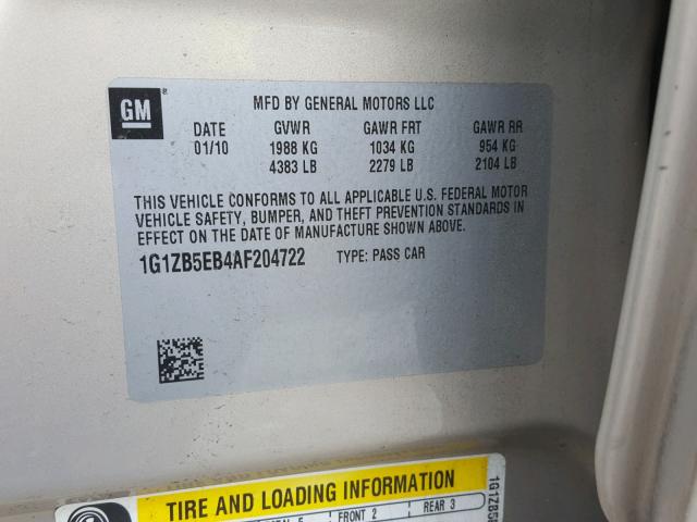 1G1ZB5EB4AF204722 - 2010 CHEVROLET MALIBU LS 棕色 照片 10