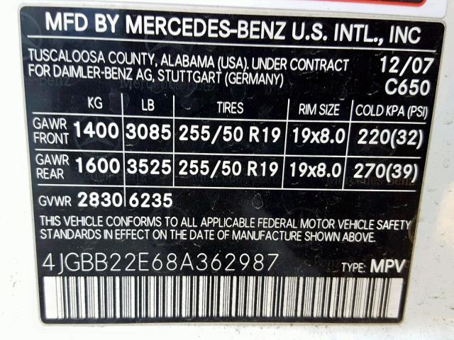 4JGBB22E68A362987 - 2008 MERCEDES-BENZ ML 320 CDI WHITE photo 10