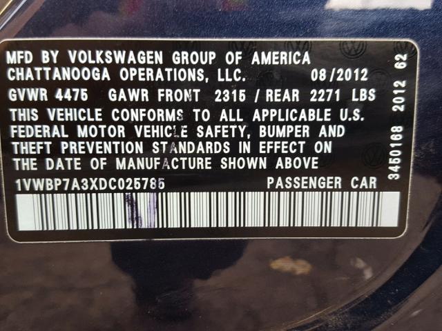 1VWBP7A3XDC025785 - 2013 VOLKSWAGEN PASSAT SE BLUE photo 10