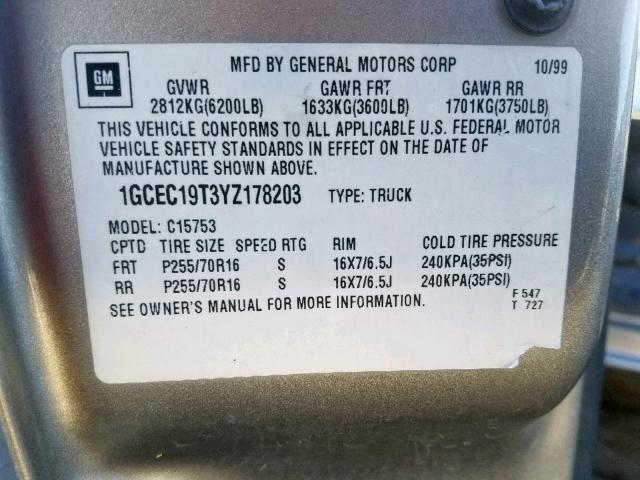 1GCEC19T3YZ178203 - 2000 CHEVROLET SILVERADO SILVER photo 10