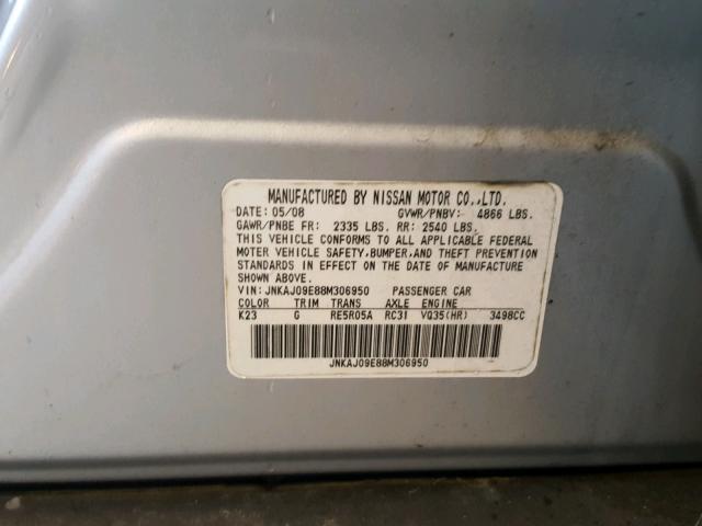 JNKAJ09E88M306950 - 2008 INFINITI EX35 BASE GRAY photo 10