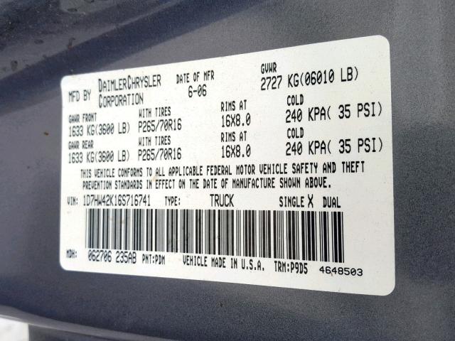 1D7HW42K16S716741 - 2006 DODGE DAKOTA SLT GRAY photo 10