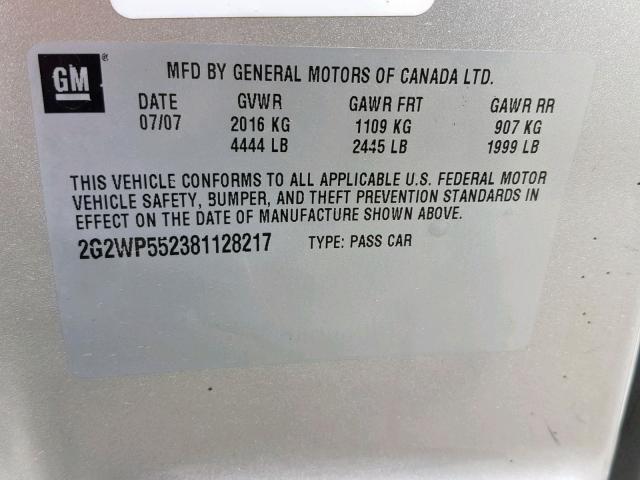 2G2WP552381128217 - 2008 PONTIAC GRAND PRIX SILVER photo 10